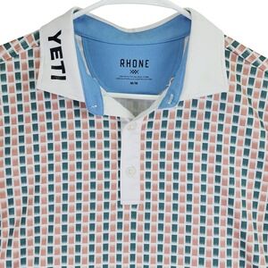 Rhone YETI Geometric Performance Polo Shirt Mens Medium Green Peach Golf Sporty